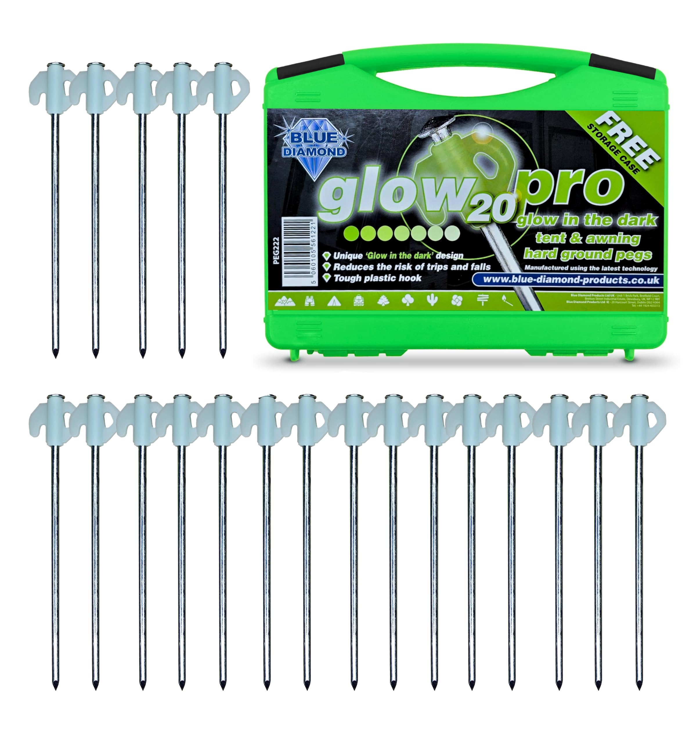LOV × GRINDLODGE Glow in the dark Blue Diamond Glow Tent Pegs - Pack of 20 | Heavy Duty Hard Ground